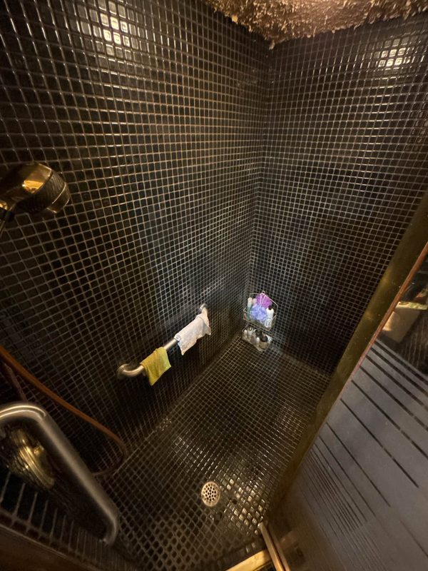 Black mosaic tile shower with brass fixtures